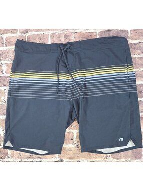 Travis Mathew Mens Navy Board Shorts Size 42 W/ Yellow White Stripes
